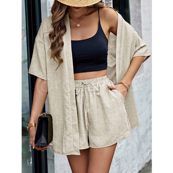 2 Piece Set: Beige / Khaki Kimono Shirt and Shorts - Picture 1 of 6